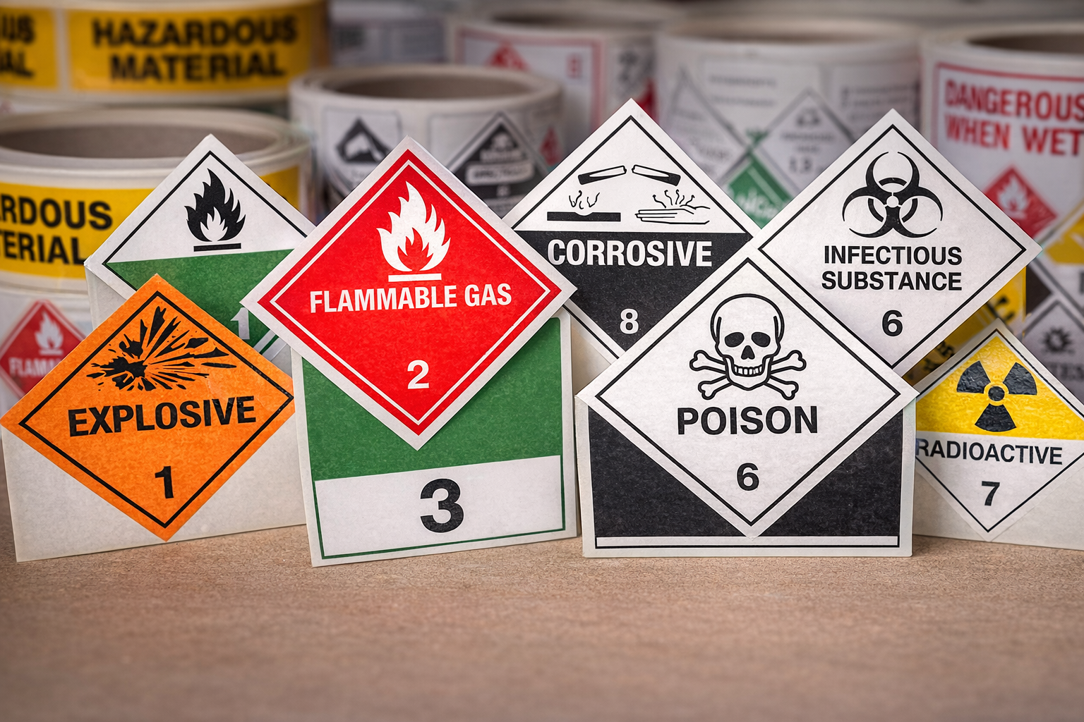 Hazmat shipping labels for DOT, IATA, and IMDG training