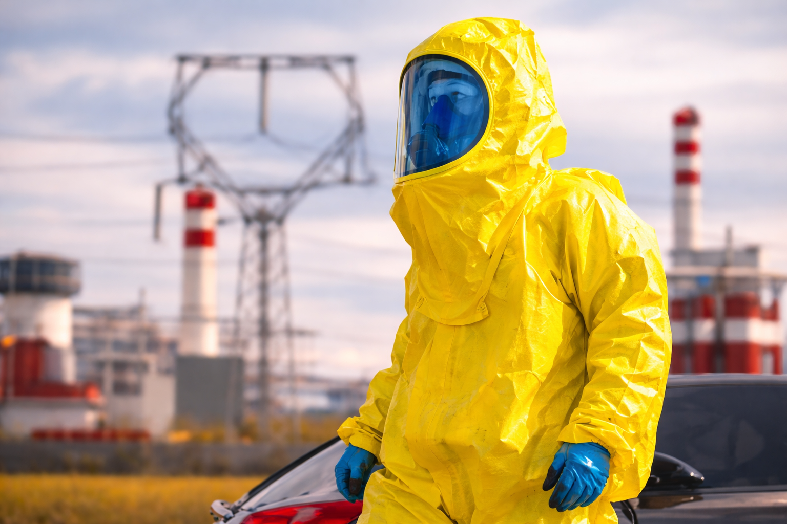 Hazmat worker in protective suit
